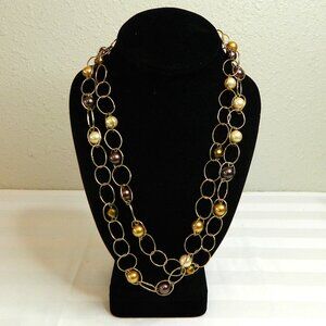 Gold-tone Chain Necklace with Multi-colored Faux Pearls 46"L